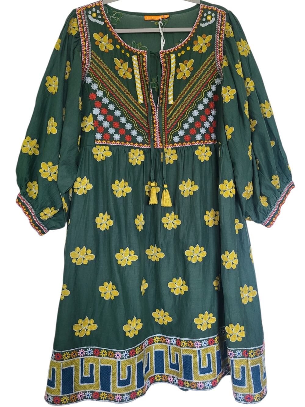Oliphant Green Embroidered Tunic Mini Dress 2XL Boho Cotton Tassel Shift Resort